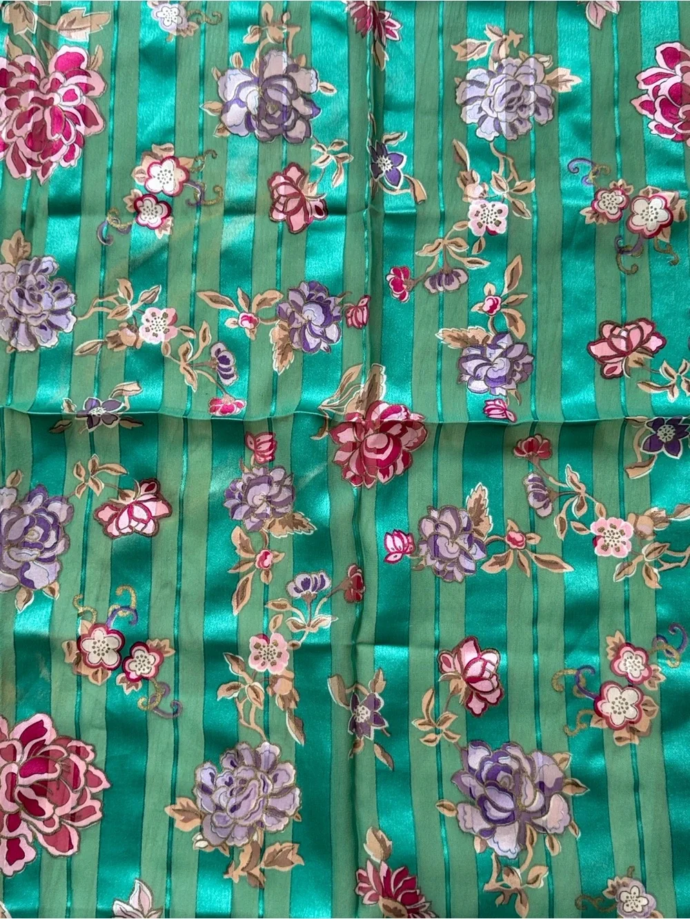 Oscar de la Renta Green Floral Silk Scarf with Pink and Purple Blooms